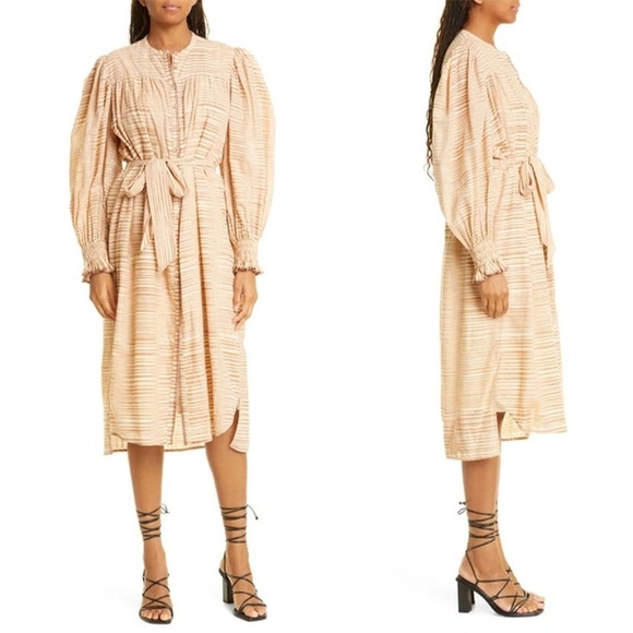 ULLA JOHNSON | Fiora Striped Cotton-Voile Midi Waist Tie Dress in Fawn | Size 2 - Picture 1 of 15